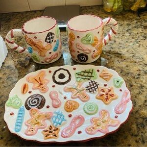 Christmas Holiday Ginberbread Platter Tray Set with mugs